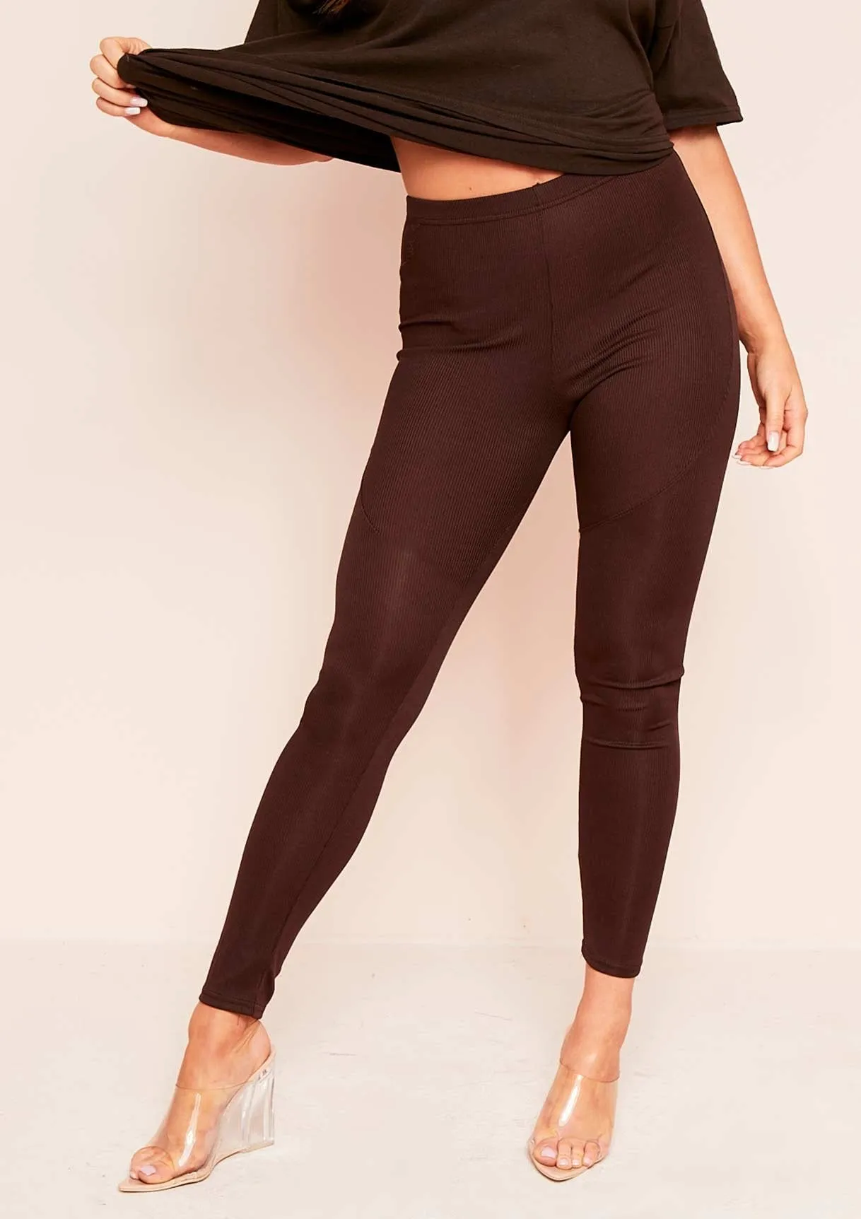 Alma Brown Stitch Detail Ribbed Leggings