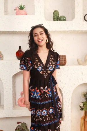 Black Garden Printed Wrap Dress