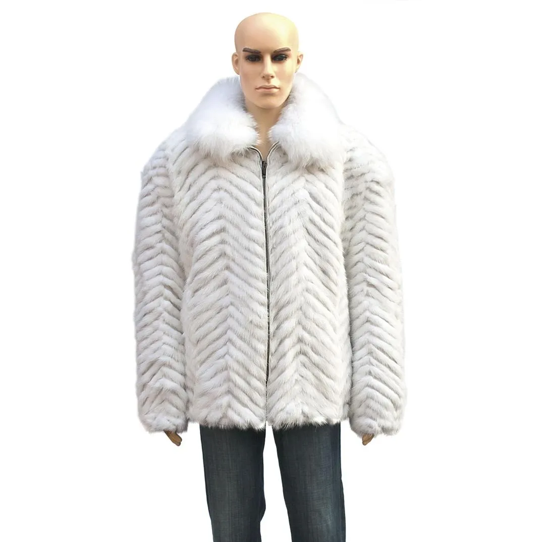 Chevron Mink Jacket with Fox Collar - White