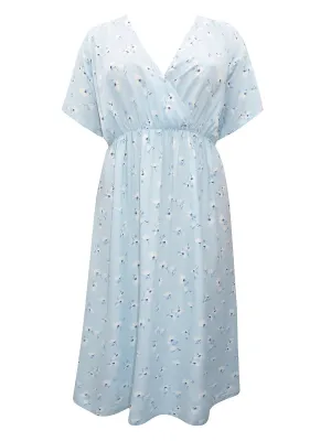 Curvewow Plus Size Blue Floral Kimono Style Wrap Midi