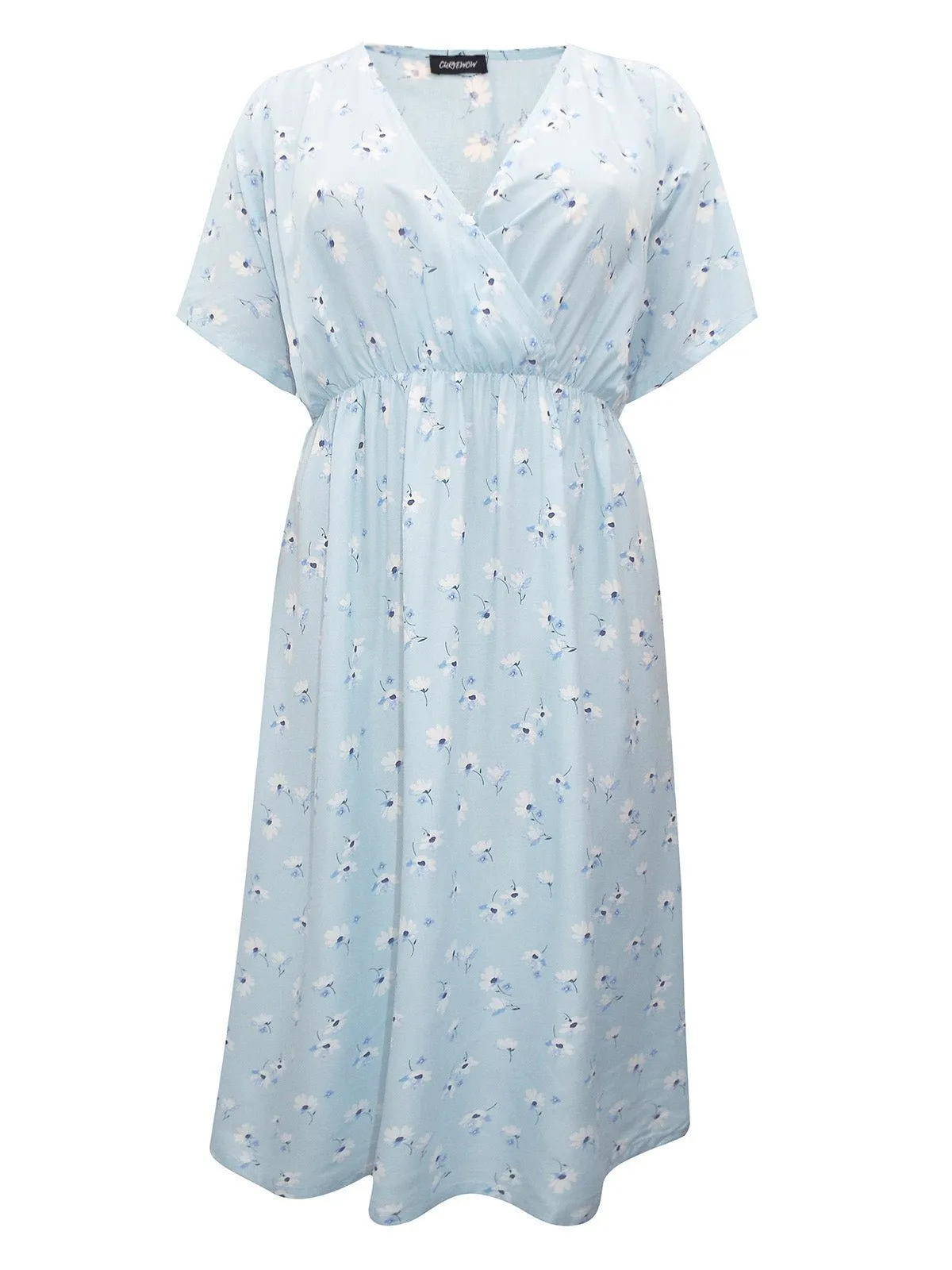 Curvewow Plus Size Blue Floral Kimono Style Wrap Midi