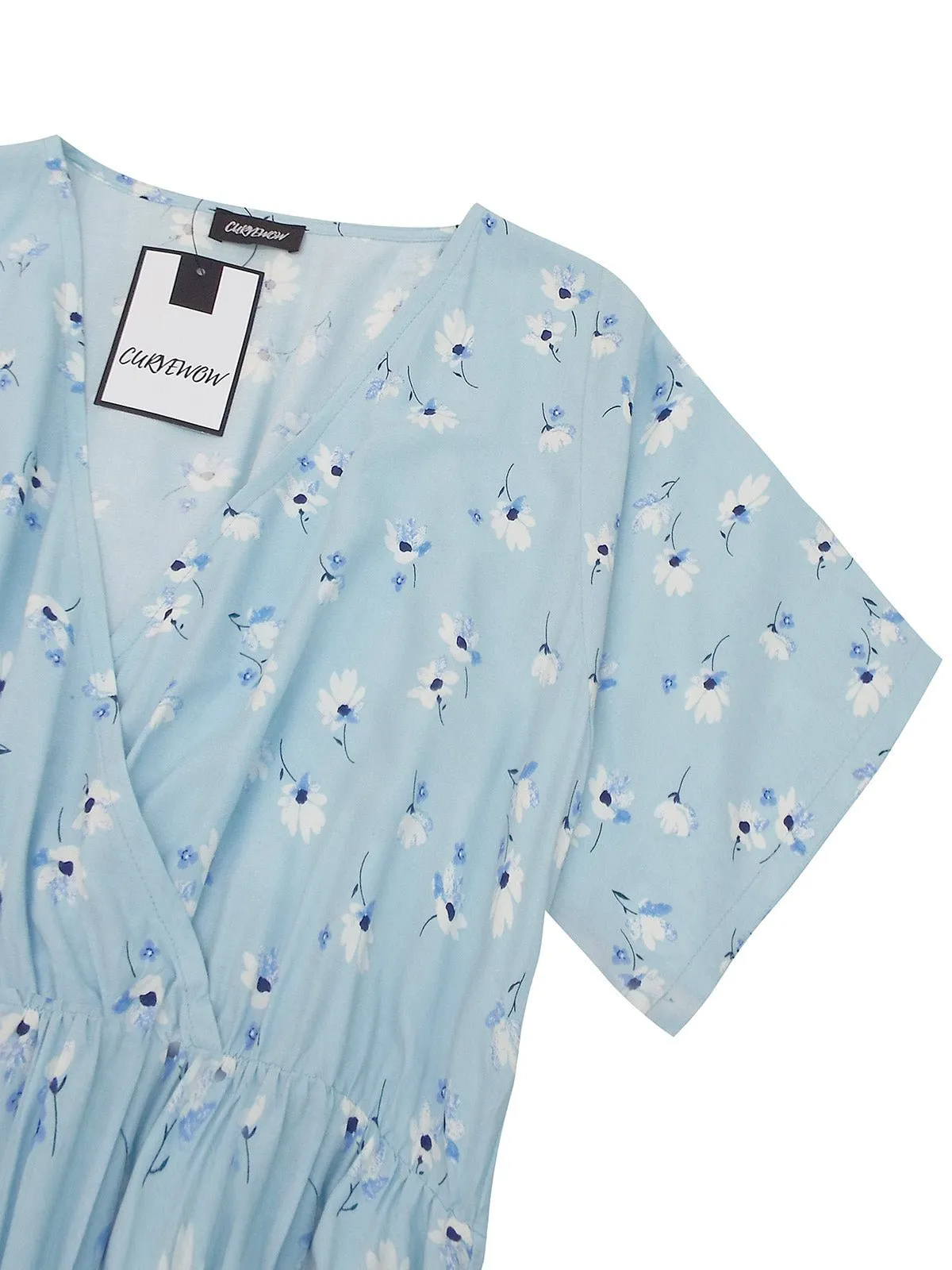 Curvewow Plus Size Blue Floral Kimono Style Wrap Midi
