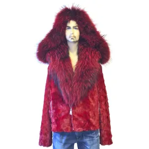 Diamond Mink Motor Jacket w/Fox Collar and Hood - Red