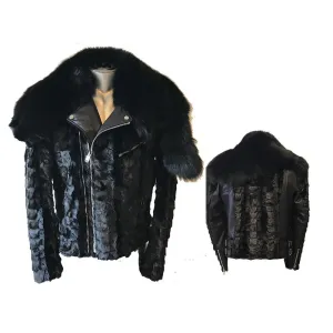 Diamond Mink Motor Jacket with Removable Fox Collar - Black