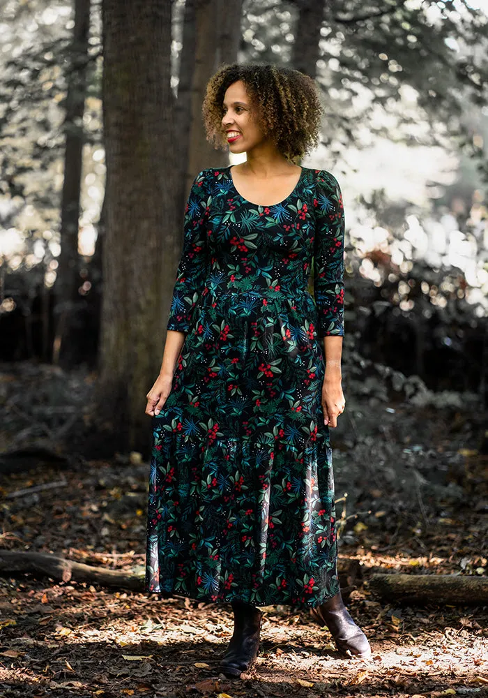 Festive Holly & Berry Print Cotton Midaxi Dress