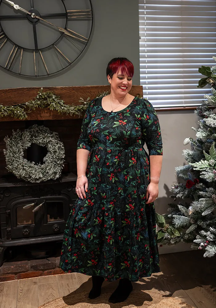 Festive Holly & Berry Print Cotton Midaxi Dress