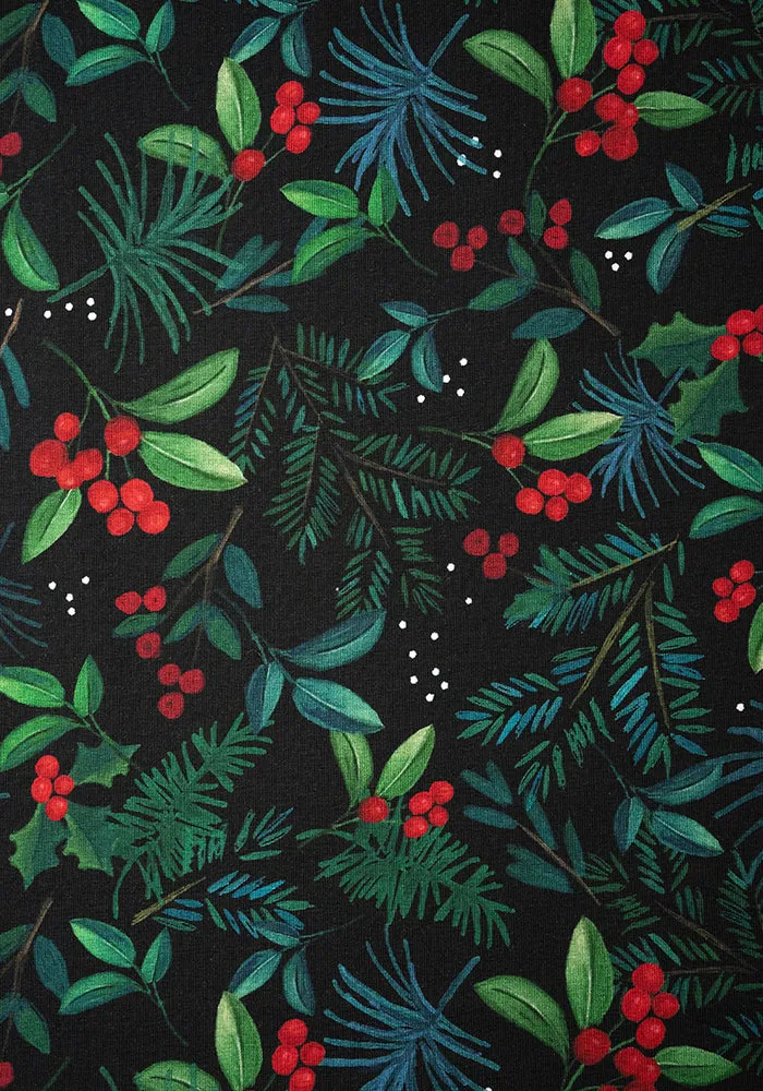 Festive Holly & Berry Print Cotton Midaxi Dress