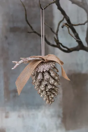 Gold Glitter Pine Cone With Hessian Bow Tree Hanger