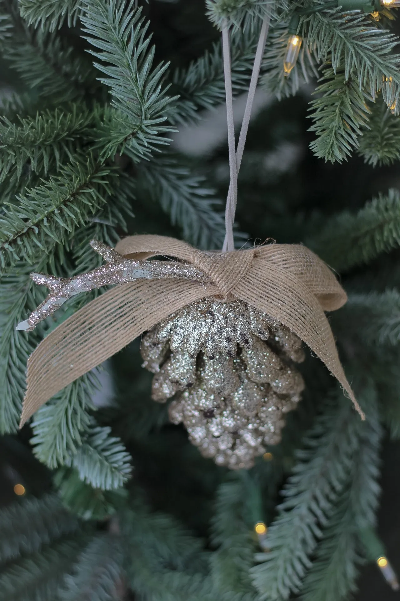 Gold Glitter Pine Cone With Hessian Bow Tree Hanger