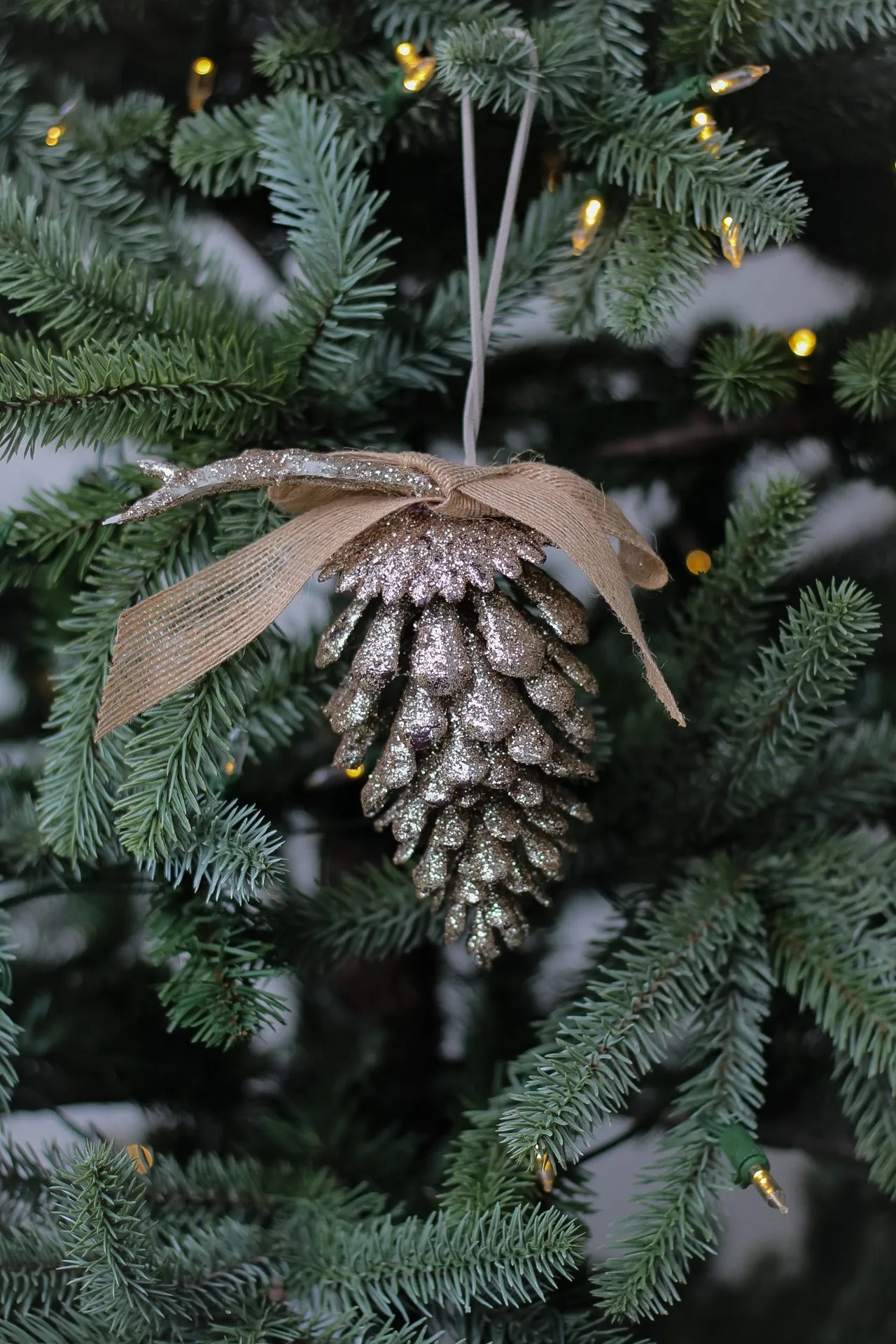 Gold Glitter Pine Cone With Hessian Bow Tree Hanger