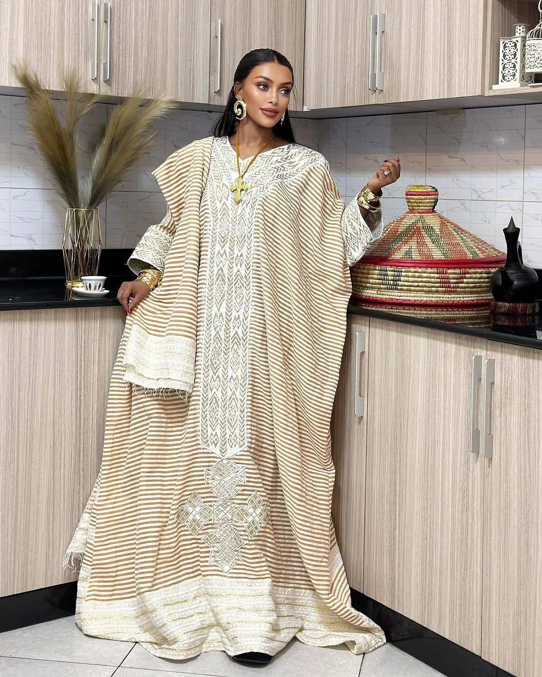 Light Beige Ethiopian Traditional Dress: Simple Yet Beautiful Eritrean Clothing for Church and Cultural Celebrations Habesha Kemis
