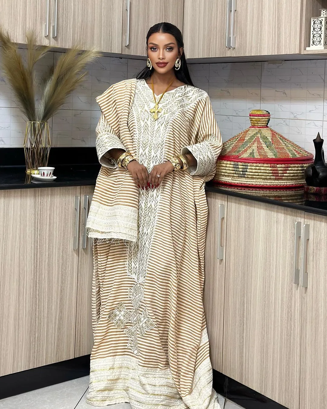 Light Beige Ethiopian Traditional Dress: Simple Yet Beautiful Eritrean Clothing for Church and Cultural Celebrations Habesha Kemis