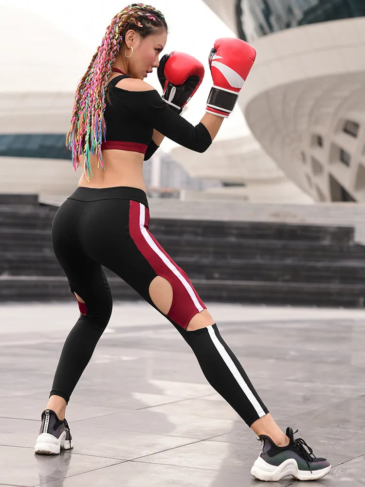 MIP OPEN RIPPED LEGGINGS WITH CONTRAST PANEL DESIGN