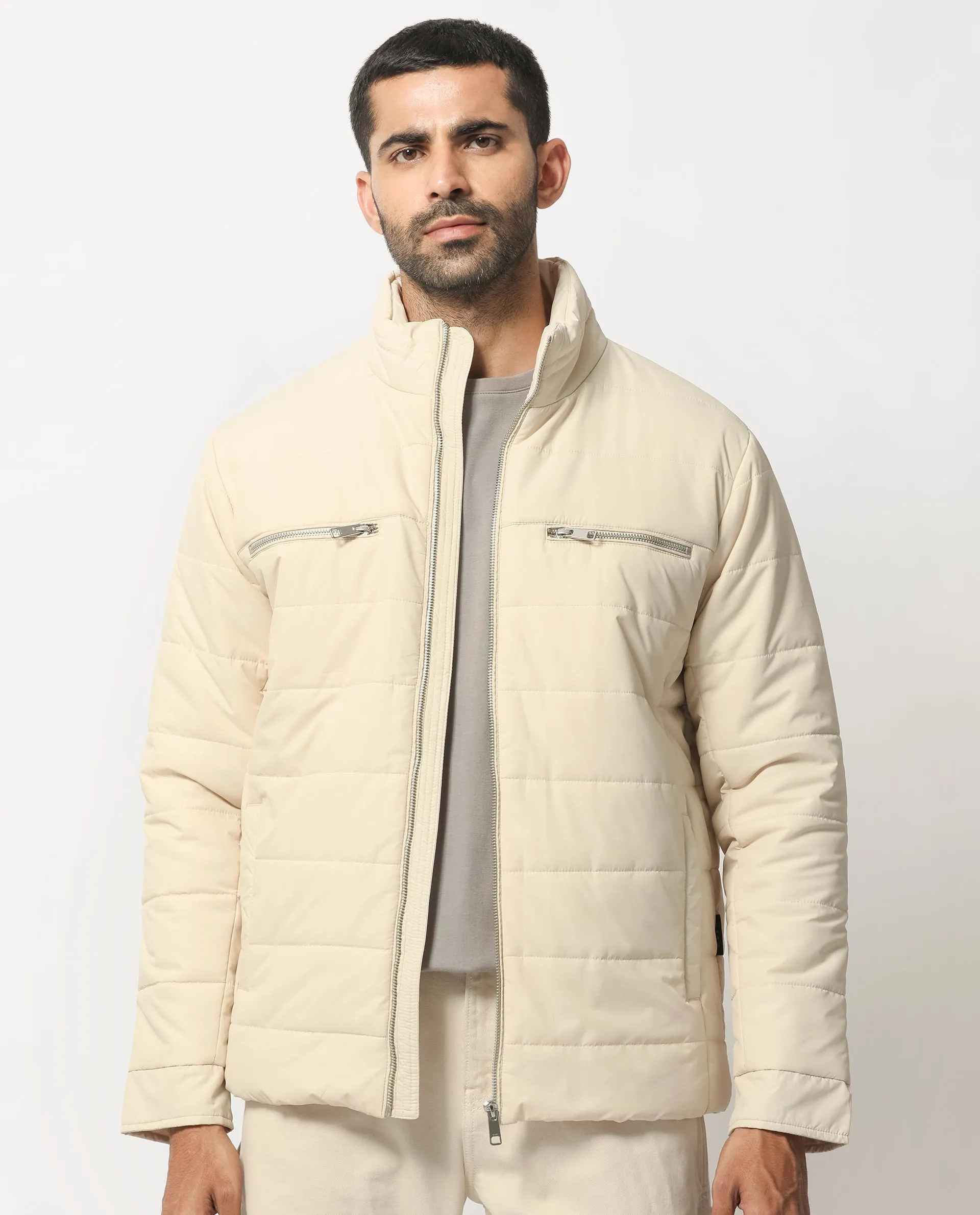 Rare Rabbit Men's Beylor Light Beige Plain High Neck Puffer Jacket