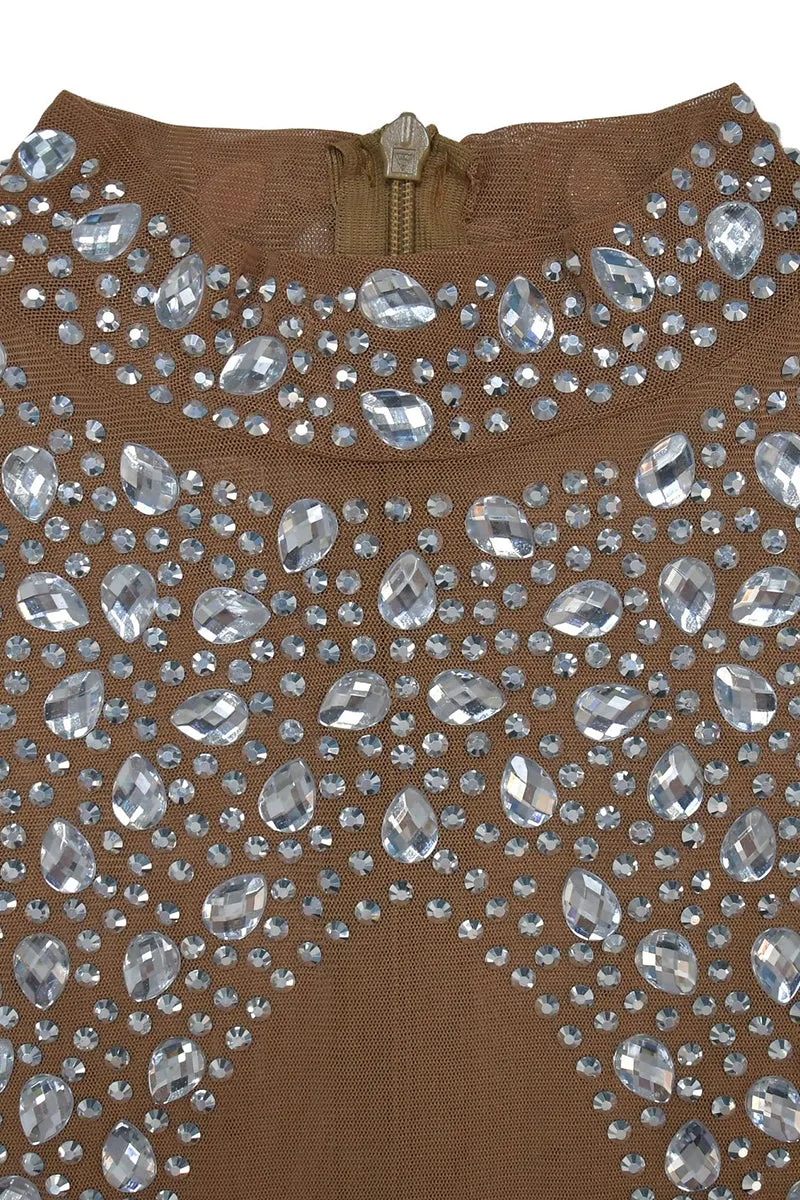 Rhinestone Hollow Round Neck Mesh Bodycon Maxi Dress