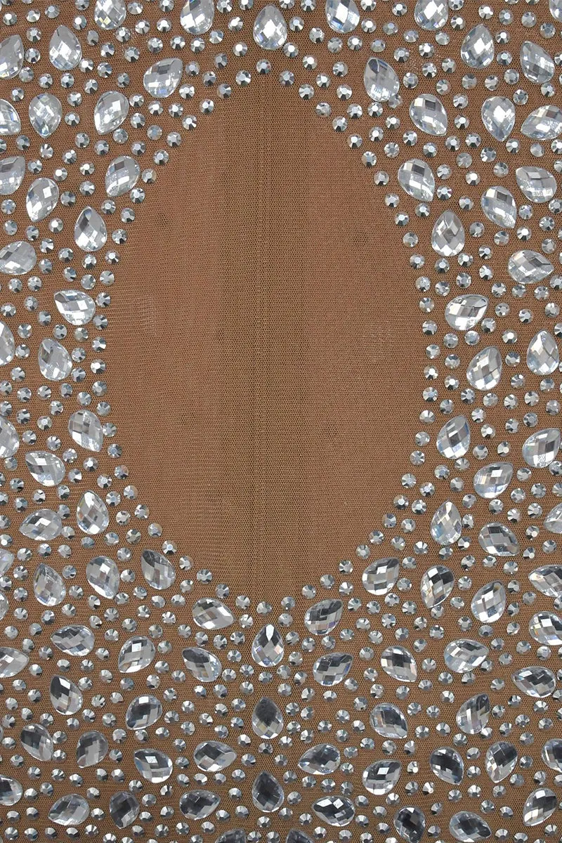 Rhinestone Hollow Round Neck Mesh Bodycon Maxi Dress