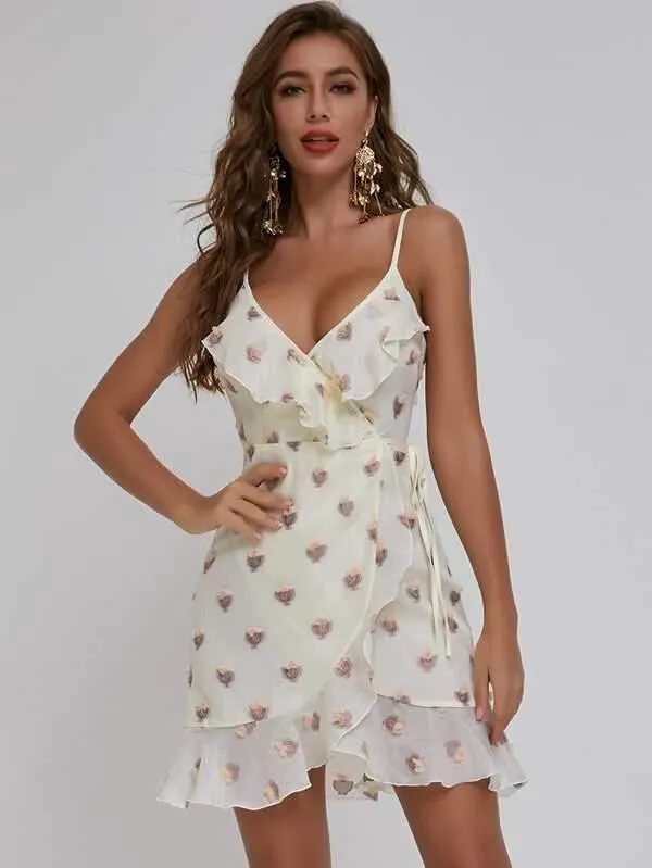 SBetro Ruffle Trim Wrap Knot Floral Applique Dress