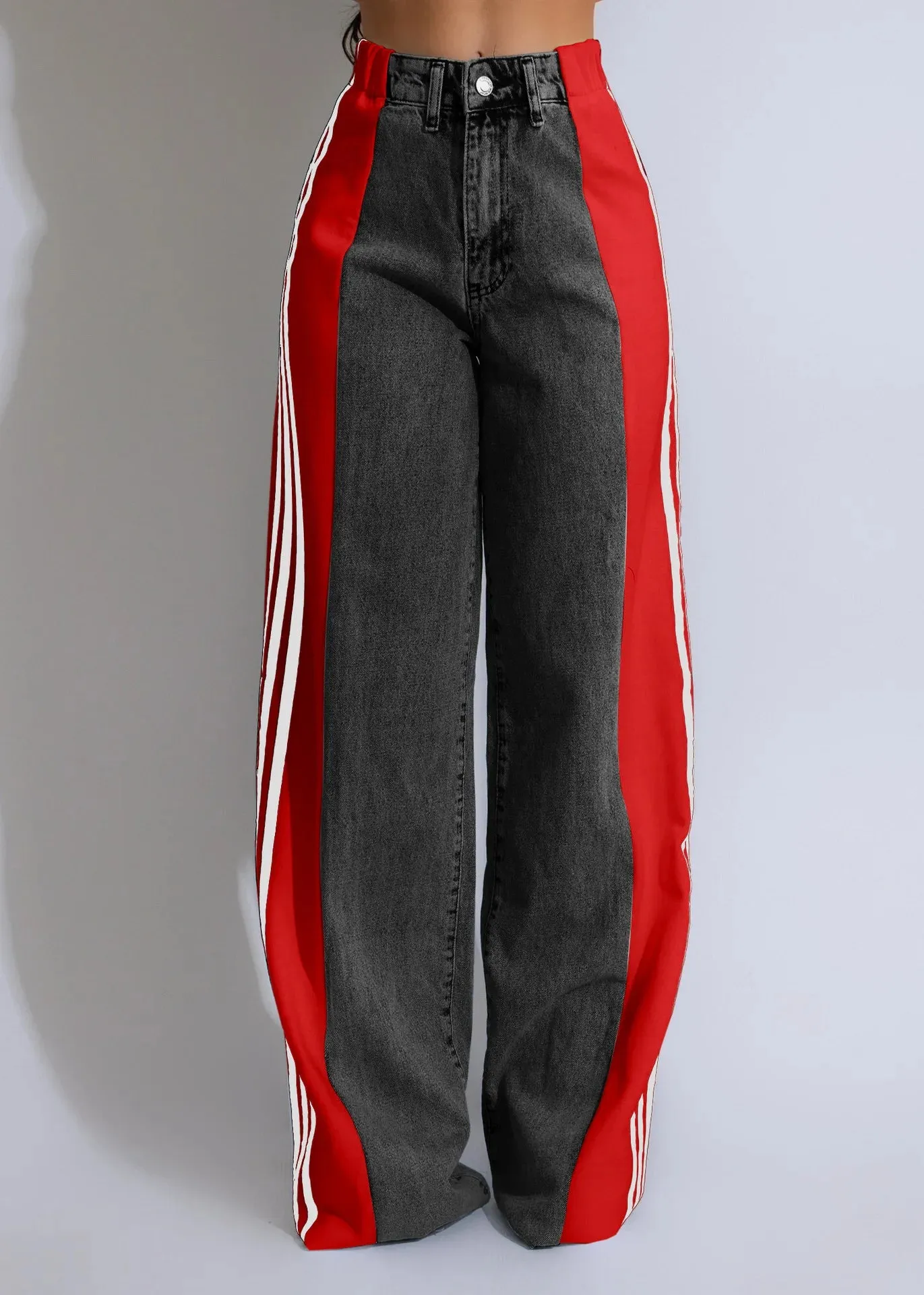 Trend4us Bold Side-Striped Wide-Leg Denim Jeans