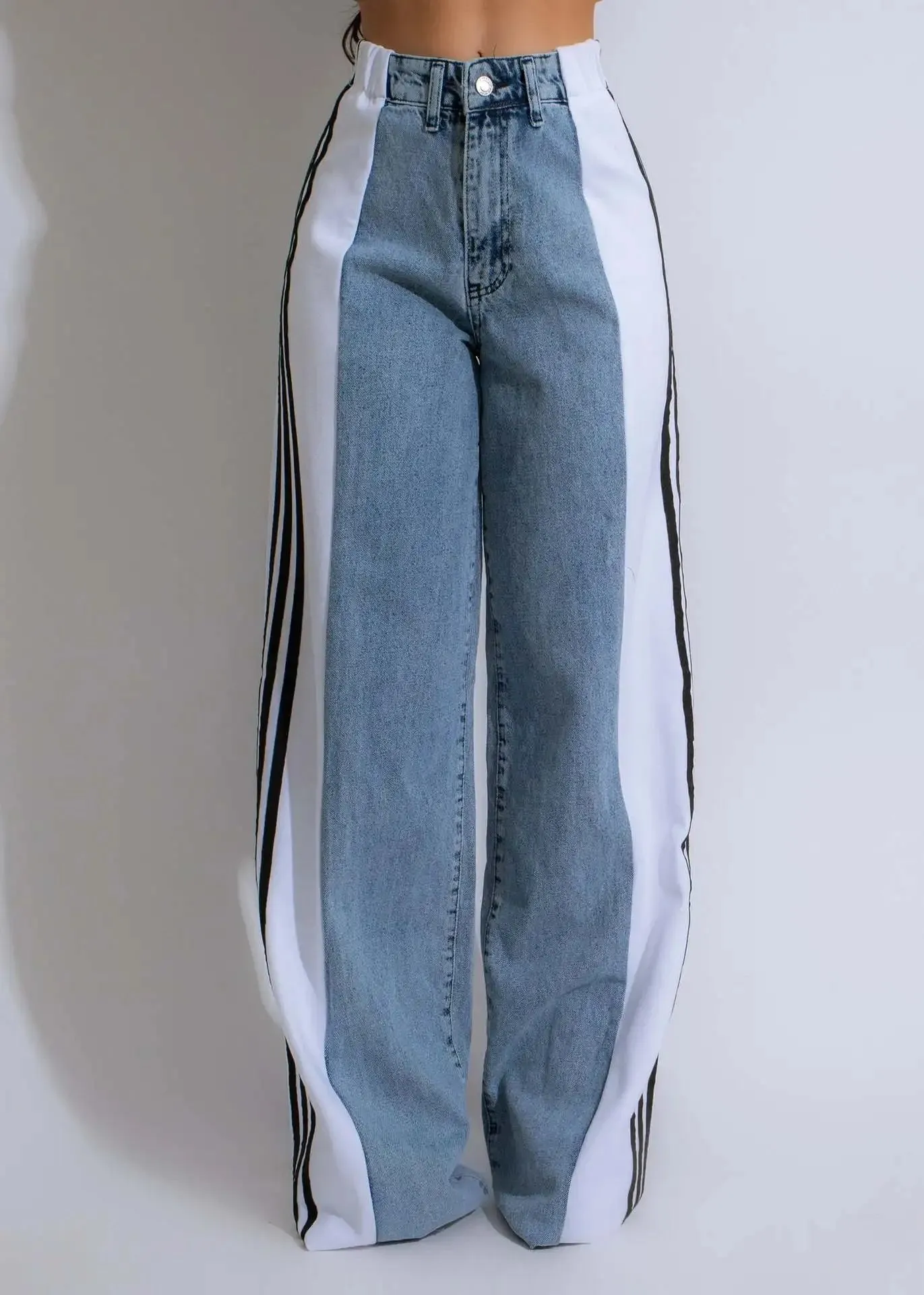 Trend4us Bold Side-Striped Wide-Leg Denim Jeans