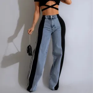 Trend4us Bold Side-Striped Wide-Leg Denim Jeans