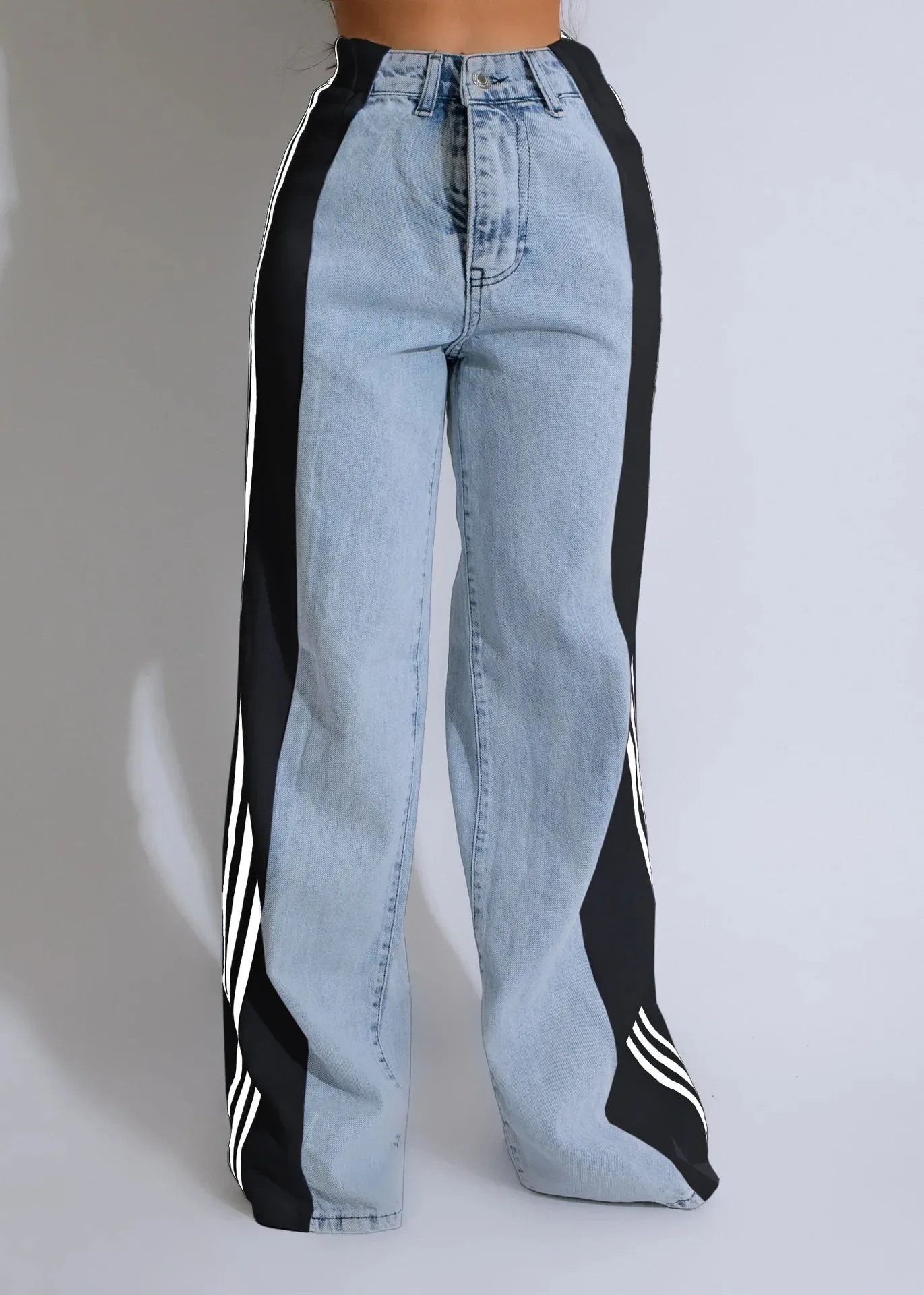 Trend4us Bold Side-Striped Wide-Leg Denim Jeans