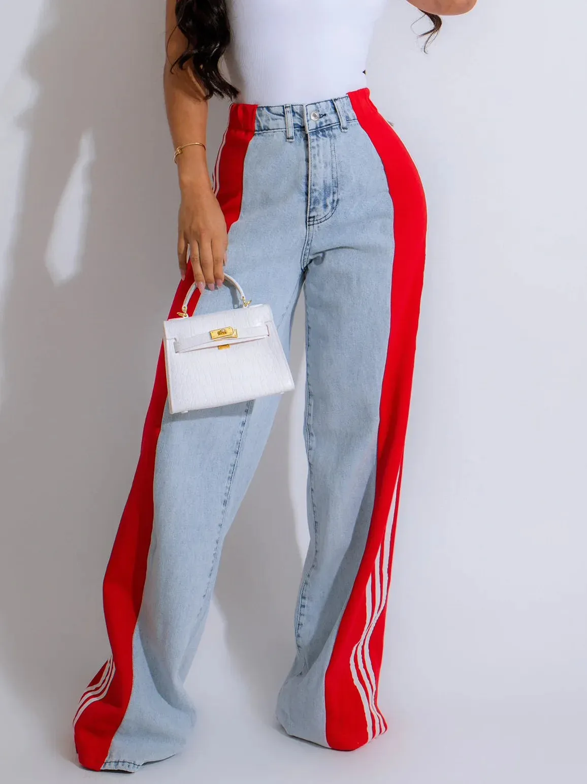 Trend4us Bold Side-Striped Wide-Leg Denim Jeans