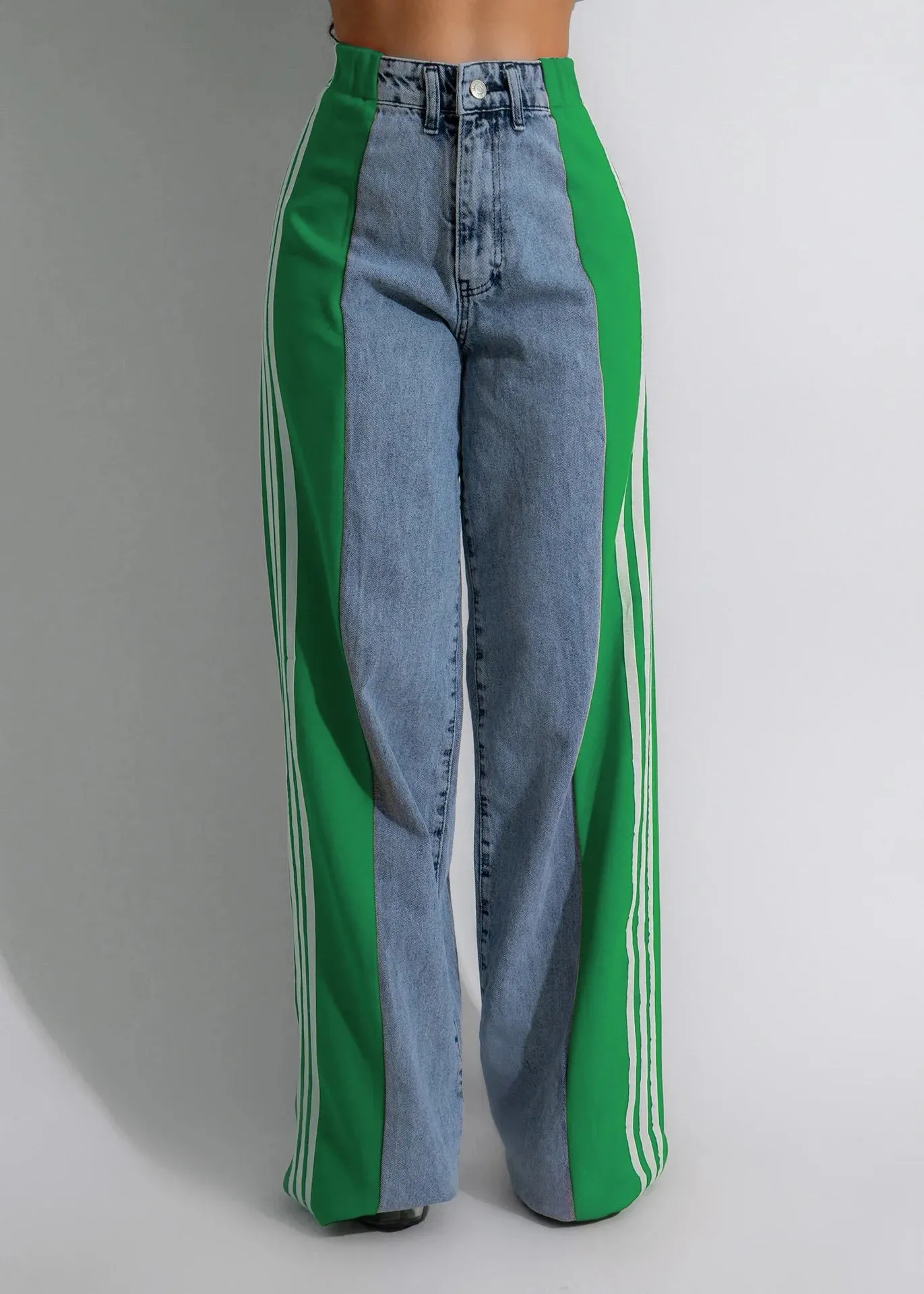 Trend4us Bold Side-Striped Wide-Leg Denim Jeans