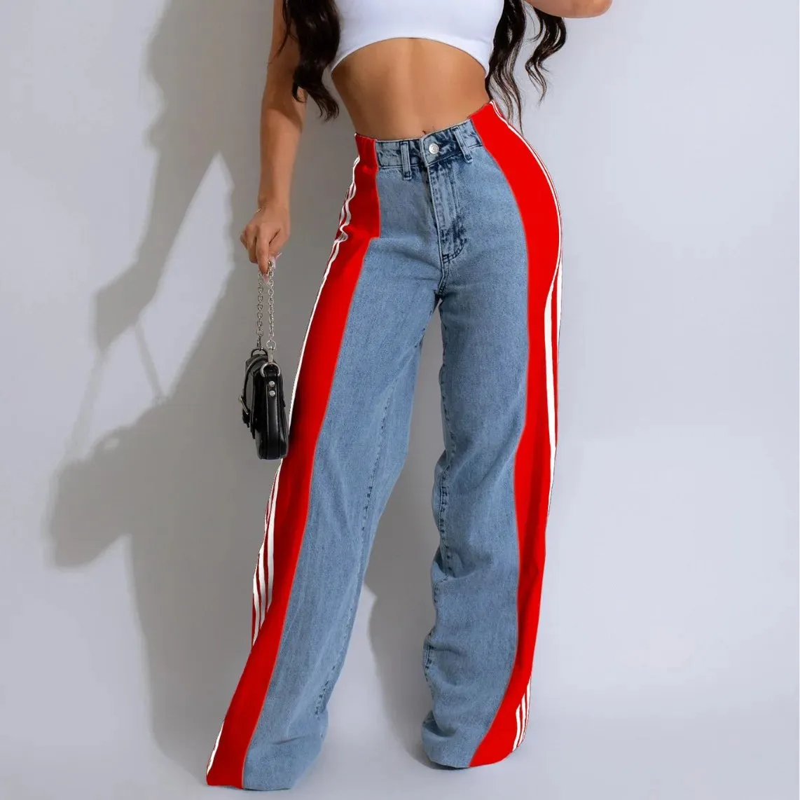 Trend4us Bold Side-Striped Wide-Leg Denim Jeans