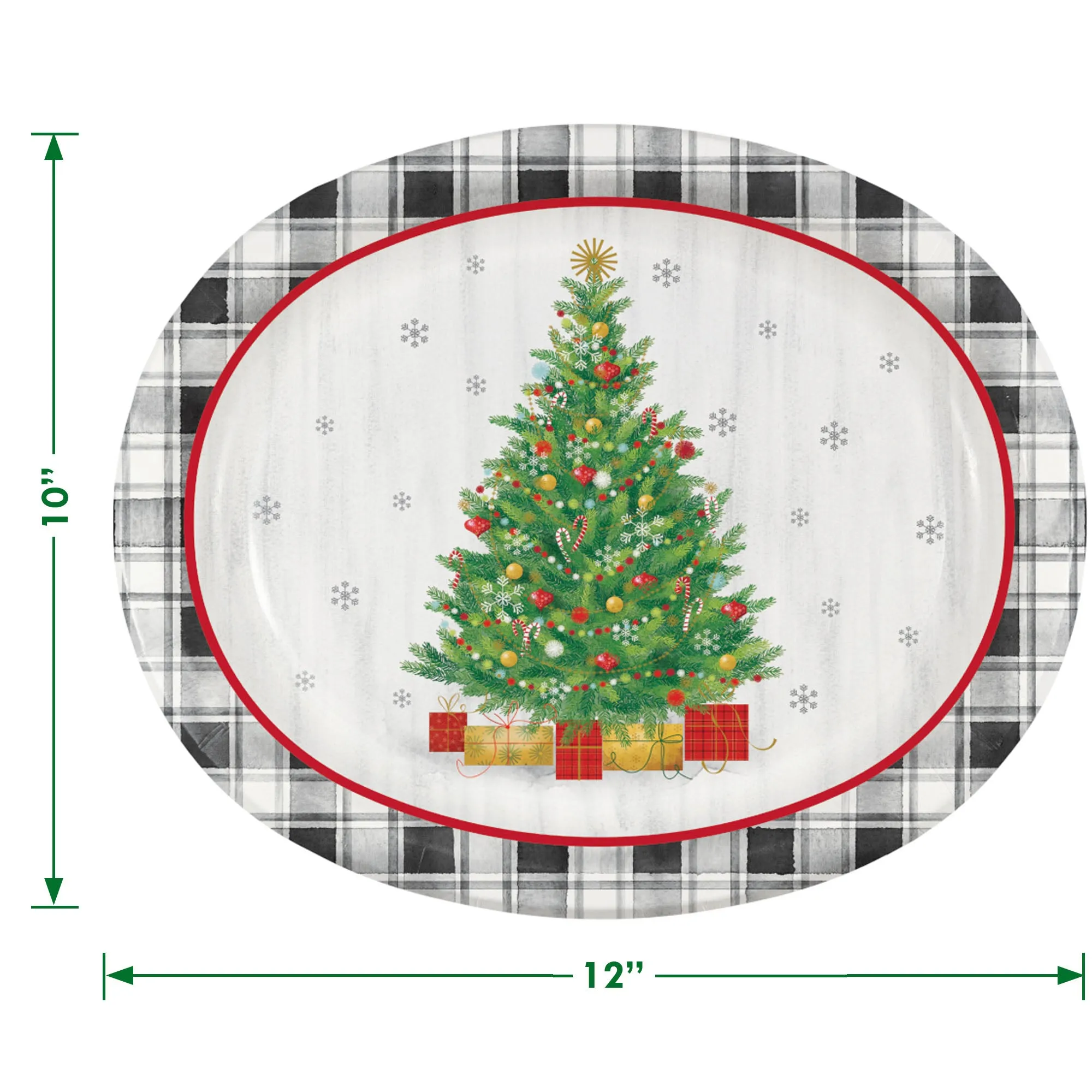 Vintage Christmas Tree Buffalo Plaid Holiday Party Large Oval Paper Dinner Plates, Guest Napkins, and Forks (Serves 16)