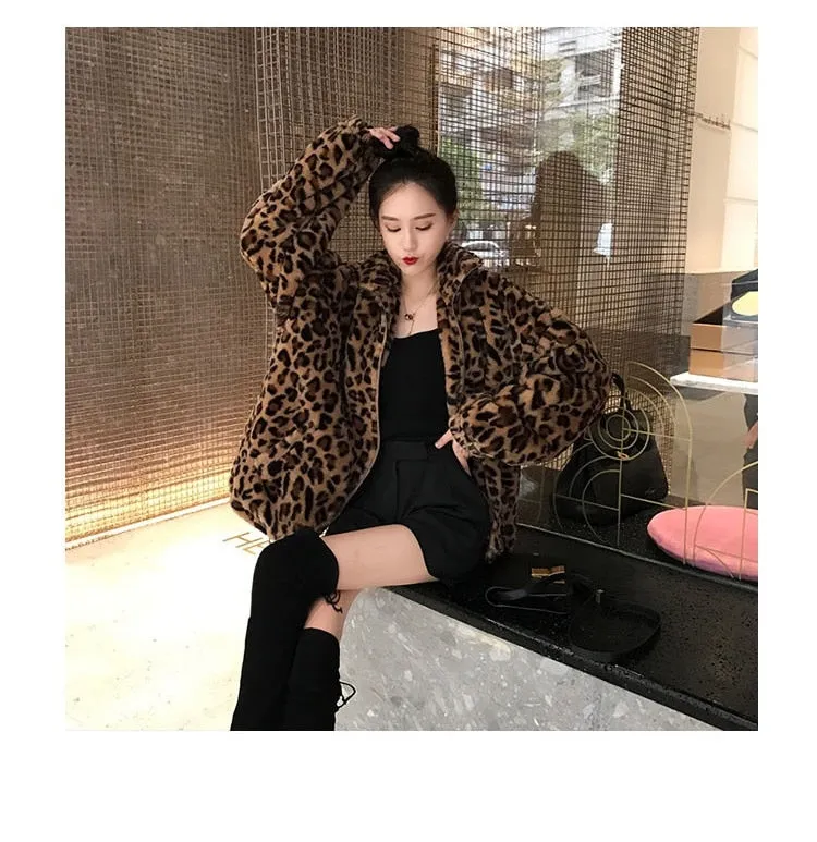 Winter Leopard Print Jacket Women's Stand collar Warm Parkas Outwear 2022 New Autumn Winter Korean Female Loose Faux Fur Coats