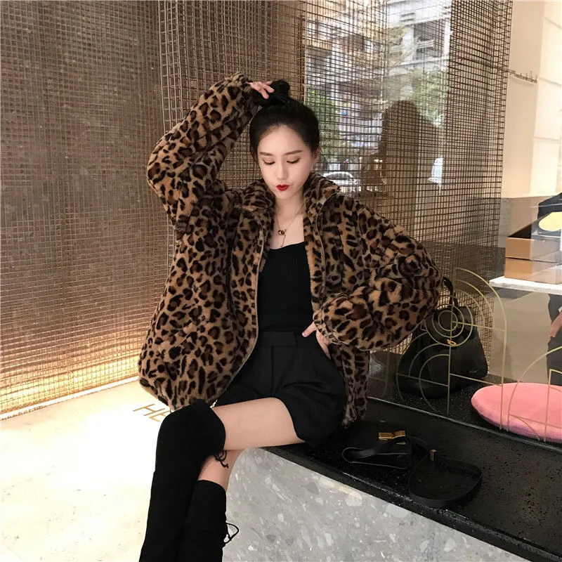 Winter Leopard Print Jacket Women's Stand collar Warm Parkas Outwear 2022 New Autumn Winter Korean Female Loose Faux Fur Coats