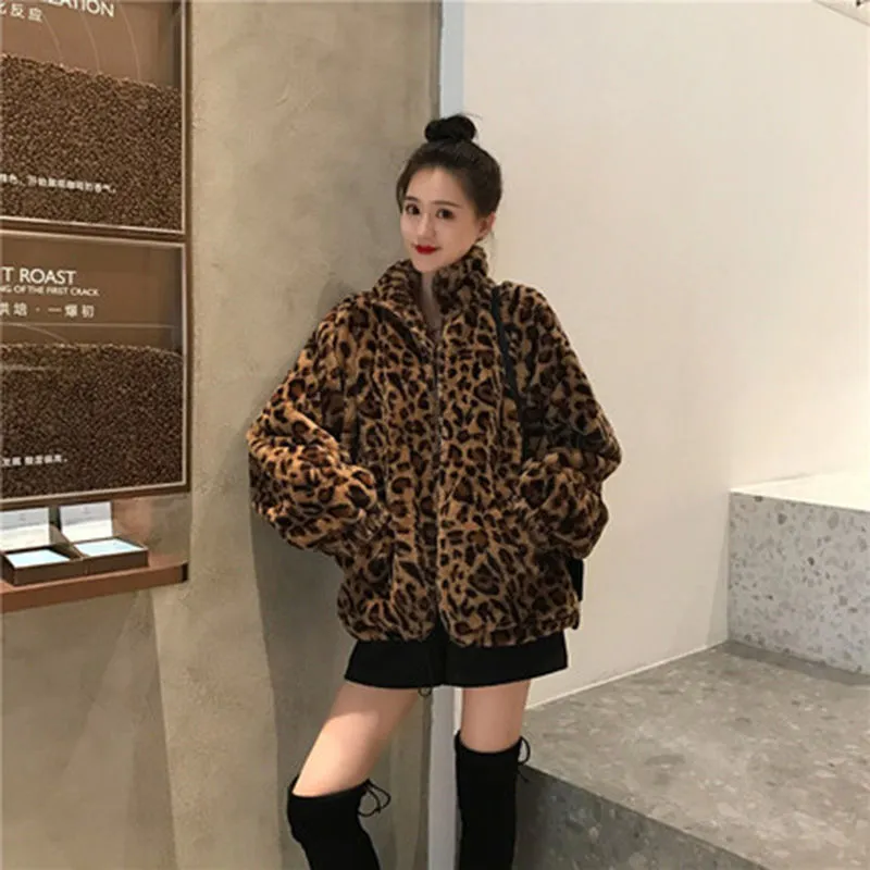 Winter Leopard Print Jacket Women's Stand collar Warm Parkas Outwear 2022 New Autumn Winter Korean Female Loose Faux Fur Coats