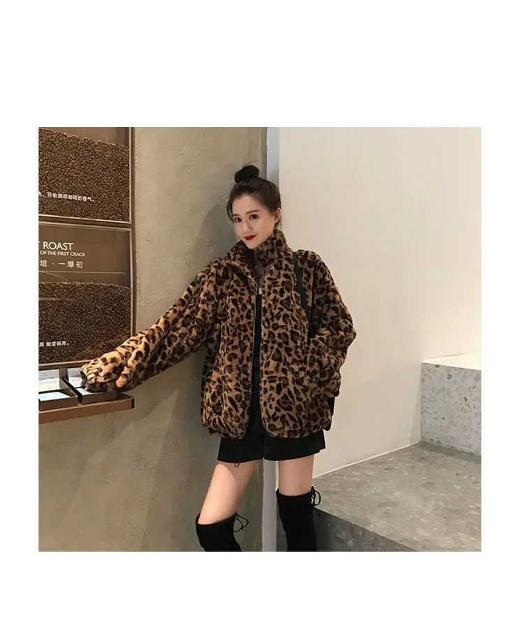 Winter Leopard Print Jacket Women's Stand collar Warm Parkas Outwear 2022 New Autumn Winter Korean Female Loose Faux Fur Coats