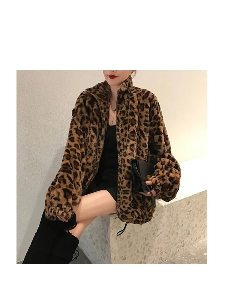Winter Leopard Print Jacket Women's Stand collar Warm Parkas Outwear 2022 New Autumn Winter Korean Female Loose Faux Fur Coats