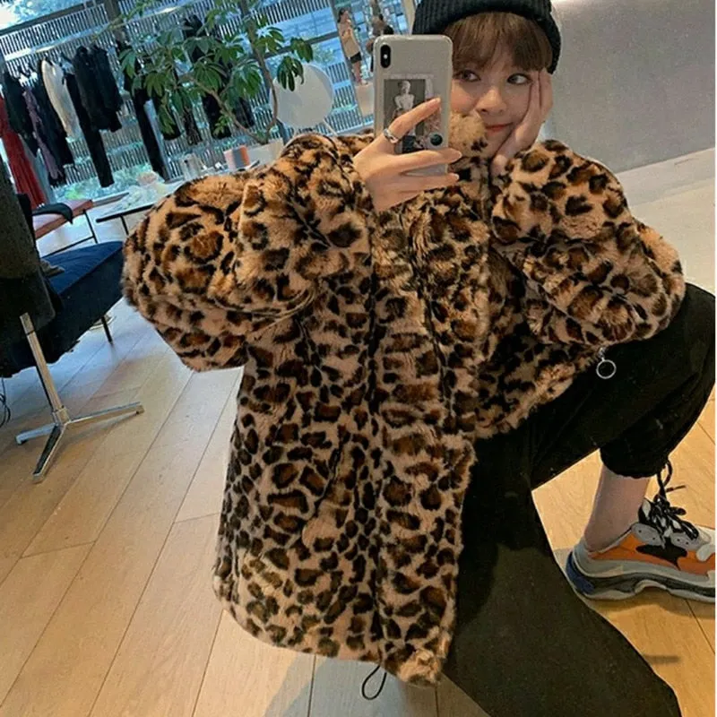 Winter Leopard Print Jacket Women's Stand collar Warm Parkas Outwear 2022 New Autumn Winter Korean Female Loose Faux Fur Coats