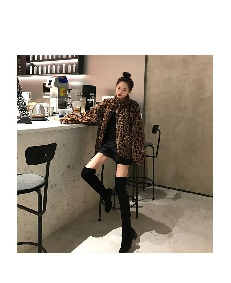 Winter Leopard Print Jacket Women's Stand collar Warm Parkas Outwear 2022 New Autumn Winter Korean Female Loose Faux Fur Coats