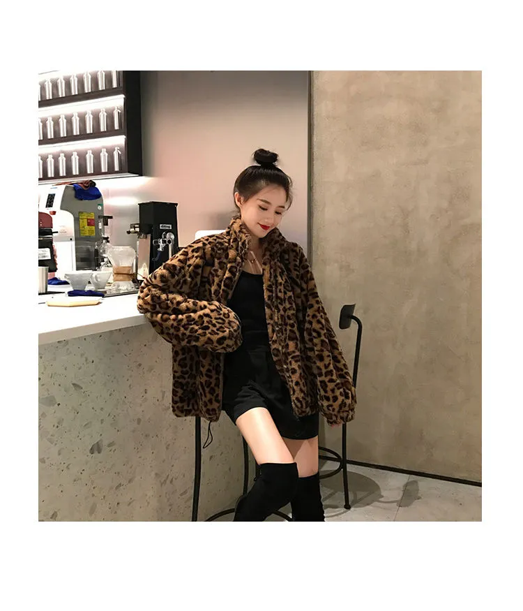 Winter Leopard Print Jacket Women's Stand collar Warm Parkas Outwear 2022 New Autumn Winter Korean Female Loose Faux Fur Coats