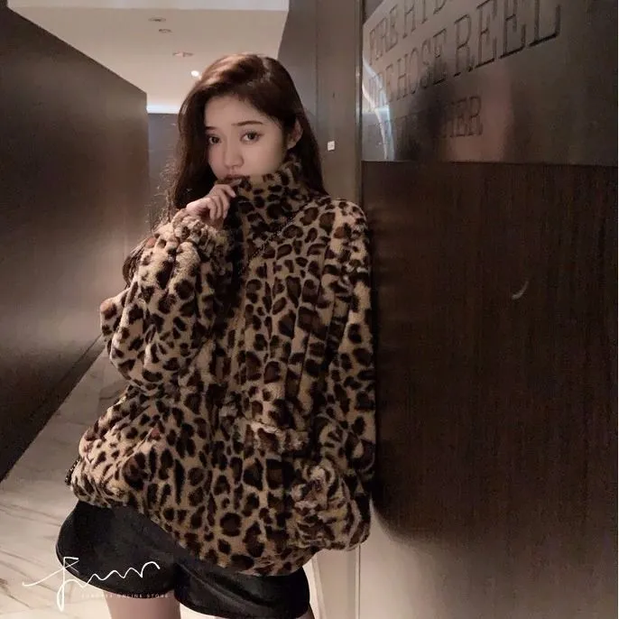 Winter Leopard Print Jacket Women's Stand collar Warm Parkas Outwear 2022 New Autumn Winter Korean Female Loose Faux Fur Coats