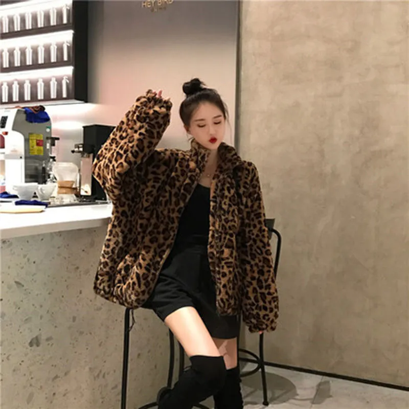 Winter Leopard Print Jacket Women's Stand collar Warm Parkas Outwear 2022 New Autumn Winter Korean Female Loose Faux Fur Coats