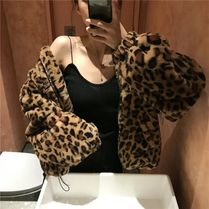 Winter Leopard Print Jacket Women's Stand collar Warm Parkas Outwear 2022 New Autumn Winter Korean Female Loose Faux Fur Coats