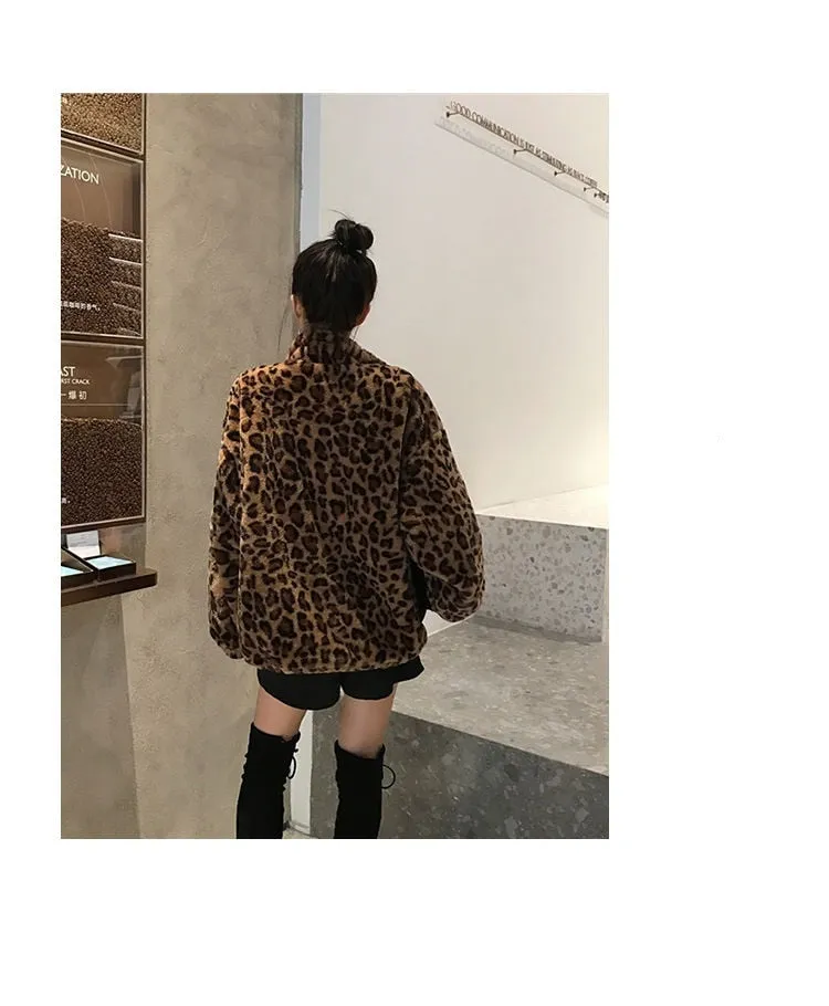 Winter Leopard Print Jacket Women's Stand collar Warm Parkas Outwear 2022 New Autumn Winter Korean Female Loose Faux Fur Coats