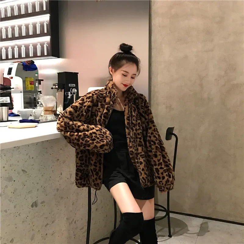 Winter Leopard Print Jacket Women's Stand collar Warm Parkas Outwear 2022 New Autumn Winter Korean Female Loose Faux Fur Coats