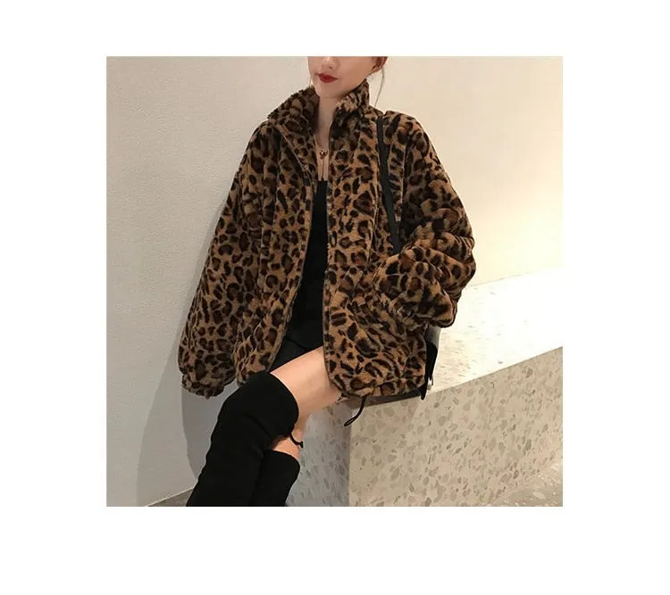 Winter Leopard Print Jacket Women's Stand collar Warm Parkas Outwear 2022 New Autumn Winter Korean Female Loose Faux Fur Coats