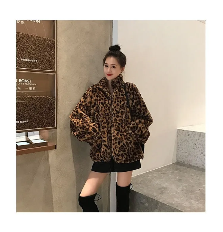 Winter Leopard Print Jacket Women's Stand collar Warm Parkas Outwear 2022 New Autumn Winter Korean Female Loose Faux Fur Coats