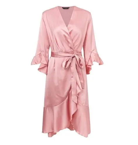 Women's Autumn/Winter Satin Ruffle Flare Wrap Dress