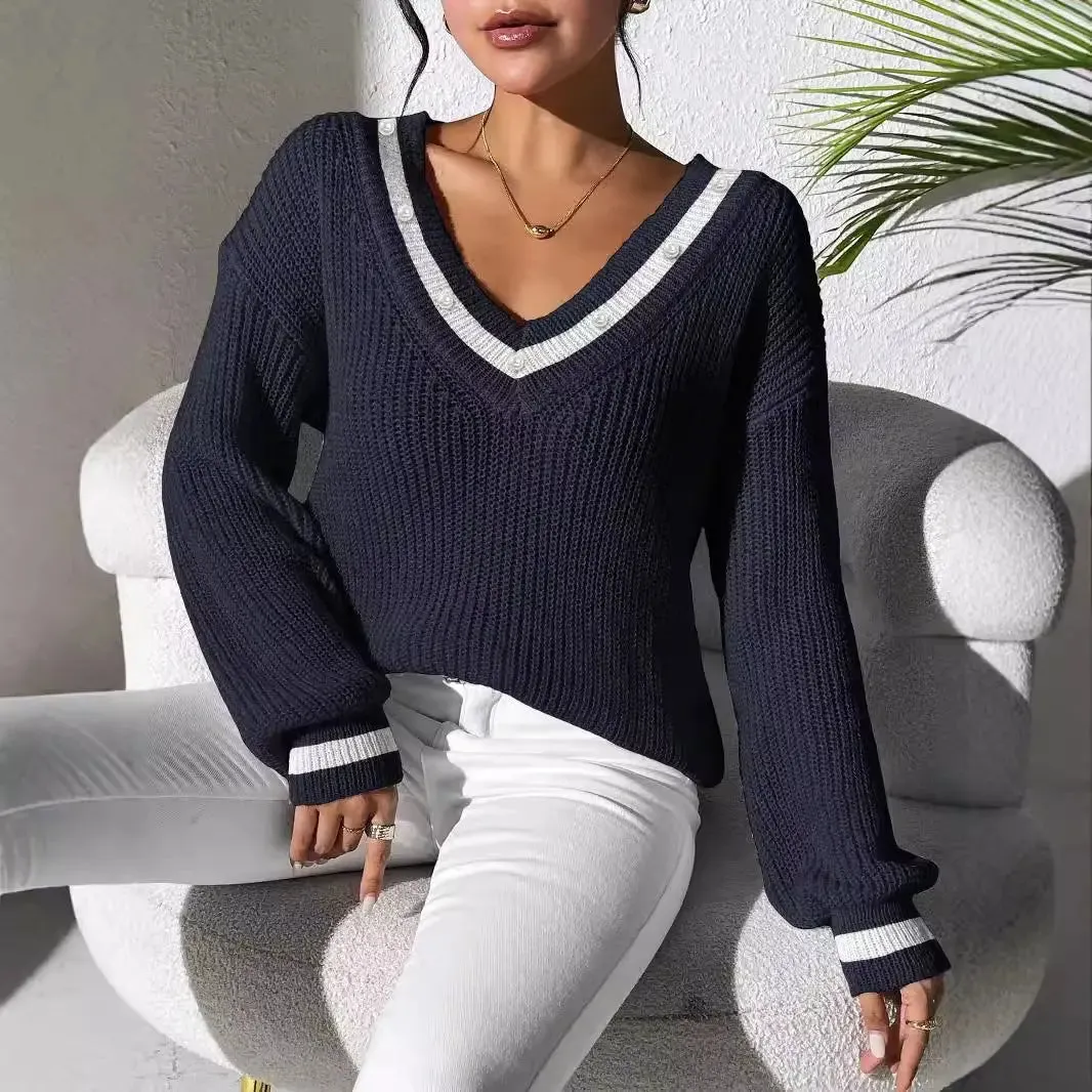 Women's Top Colour Contrast Patchwork V-neck Long Sleeve Sweater