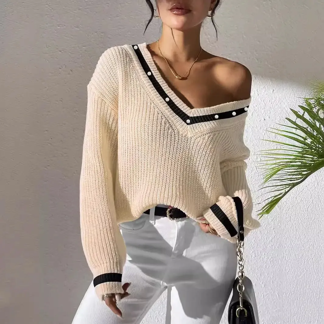 Women's Top Colour Contrast Patchwork V-neck Long Sleeve Sweater