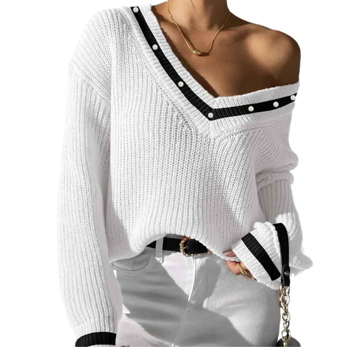 Women's Top Colour Contrast Patchwork V-neck Long Sleeve Sweater