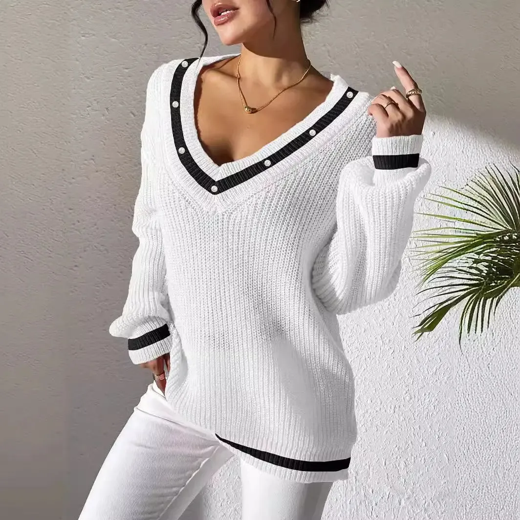 Women's Top Colour Contrast Patchwork V-neck Long Sleeve Sweater