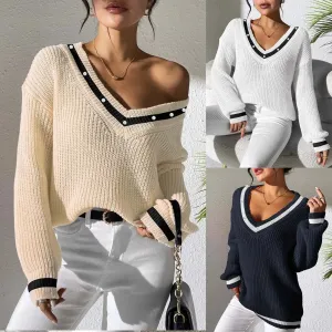 Women's Top Colour Contrast Patchwork V-neck Long Sleeve Sweater